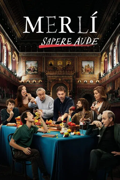 The poster features a group of people gathered around a table in a grand, ornate room filled with paintings and warm lighting. The mood is intimate and celebratory, suggesting a gathering of friends or family. The colors are rich and warm, with deep blues and golds enhancing the elegance of the s...