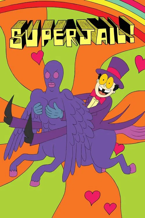 The poster features a vibrant purple character with wings, riding a similar creature against a colorful background. The title "SUPERJAIL!" is prominently displayed at the top in bold yellow letters. Hearts float around the scene, suggesting a playful and whimsical atmosphere.