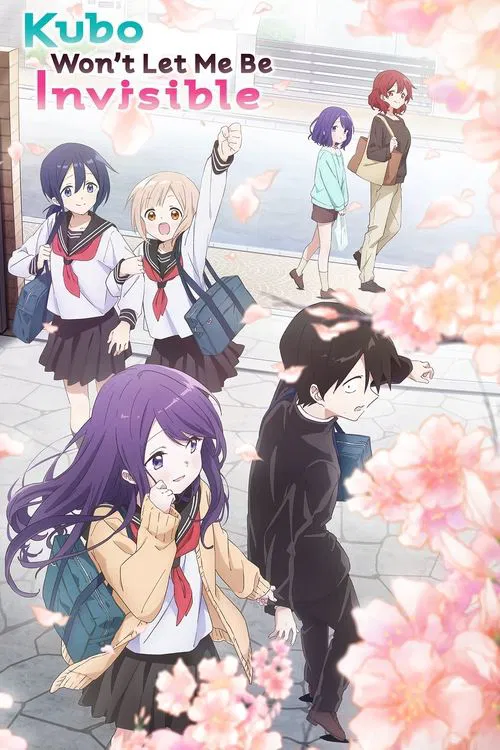 This anime poster features a vibrant scene with six characters in school uniforms, set against a soft pink and white backdrop. The mood is whimsical and dreamy, capturing the essence of a magical school setting.