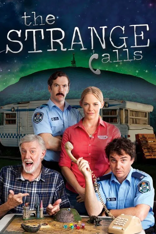 The poster features four characters in a suburban setting, with a mysterious, eerie atmosphere. The warm colors of the characters' clothing contrast against the cool, starry background. The mood is mysterious and slightly suspenseful, suggesting a supernatural or thriller genre.