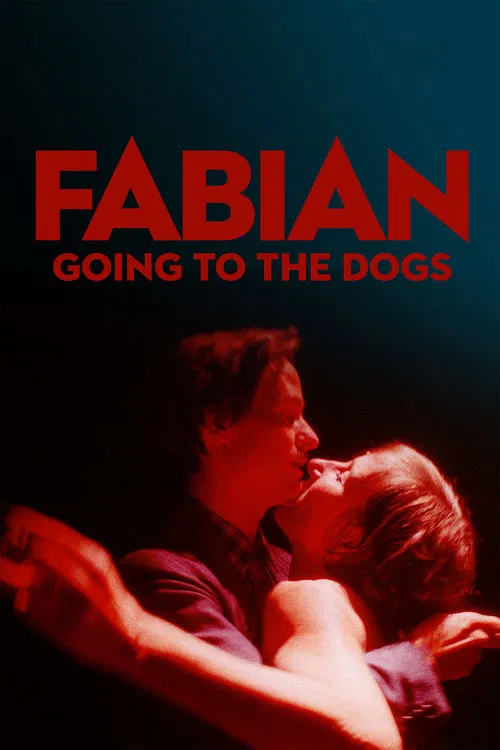 The poster features a man and woman in a passionate embrace, their faces close together against a dark background. The title "FABIAN" is prominently displayed in bold red letters, with the subtitle "GOING TO THE DOGS" beneath it. The overall mood is intimate and romantic, evoking a sense of conne...