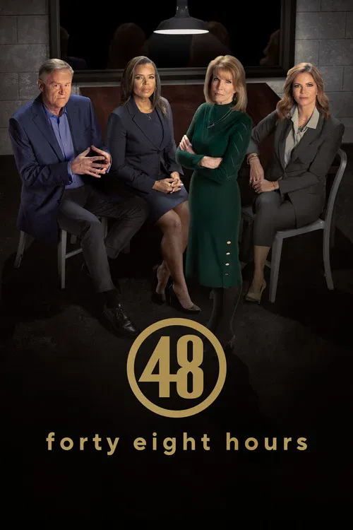 The poster features four actors in formal attire against a dark backdrop, evoking a professional and dramatic atmosphere. The vibrant purple and orange hues create a striking contrast, while the "48 Hours" logo anchors the composition. This visual design suggests a tense, high-stakes narrative, c...