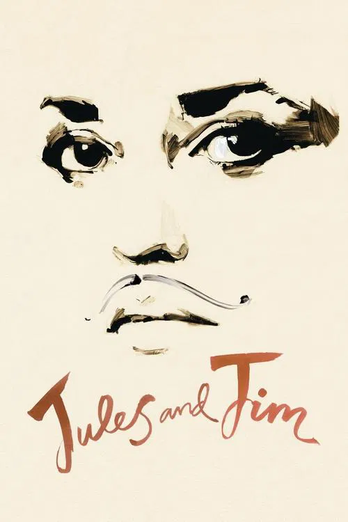 The poster features a minimalist portrait of two characters, Jules and Jim, with their eyes and lips rendered in bold, expressive strokes against a soft beige background. The warm, muted tones evoke a sense of nostalgia and quiet intimacy, suggesting a classic film about friendship and companions...