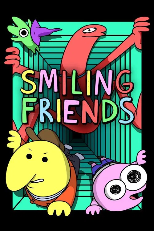 This vibrant poster features a cheerful cartoon universe with colorful characters against a bright blue sky. The playful design exudes a warm, inviting mood, suggesting a fun and friendly friendship theme.
