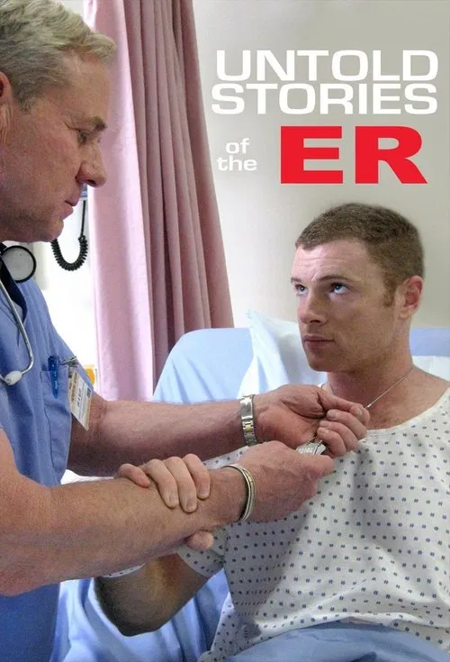 The poster features a somber scene with two men in a hospital setting, one attending to the other. The muted tones of the image, dominated by blues and whites, evoke a sense of urgency and gravity. The title "Untold Stories of the ER" is prominently displayed, emphasizing the dramatic and serious...