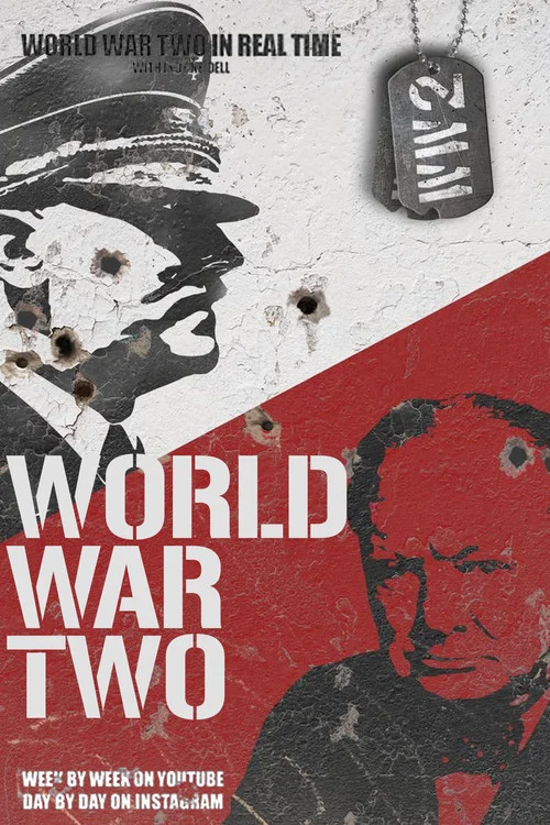 This poster depicts a gritty World War II scene with soldiers in a red and white color scheme, creating a somber and historical atmosphere. The image features a soldier in a military uniform, a dog tag, and a soldier's face, all rendered in a stylized, almost comic-book manner. The muted tones an...