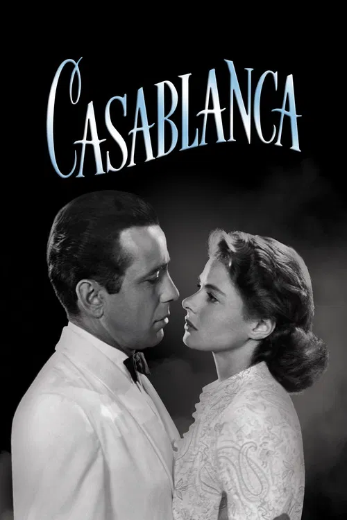 This black-and-white poster captures the gritty atmosphere of "Casablanca" with a central woman in a hat and a man in a trench coat, evoking the film's dramatic tension. The red "Casablanca" title stands out against the dark background, while smaller figures in the background hint at the story's ...