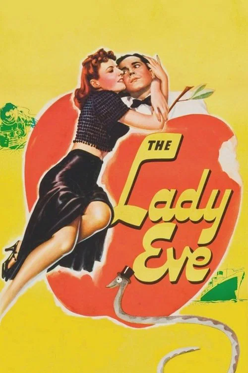 This vintage movie poster features a glamorous woman in a black dress and a man in a suit kissing passionately against a large red apple. The bright yellow background and playful typography evoke a classic Hollywood era romance, capturing the essence of 1940s cinema.