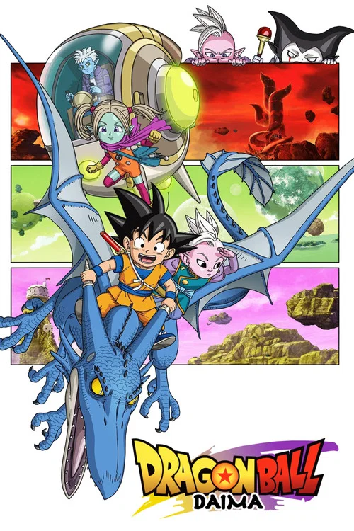 This vibrant Dragon Ball DAIMA poster features a dynamic scene with Goku in his blue Saiyan suit, surrounded by other characters like Piccolo and Trunks. The background showcases a colorful, action-packed landscape with a bright sun and dramatic clouds. The overall mood is energetic and adventuro...