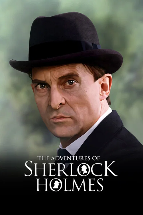 A man in a top hat and black suit holds a cane, exuding mystery and elegance. The poster features a classic black and white color scheme, with the title "Sherlock Holmes" prominently displayed. The mood is one of intrigue and timeless detective culture.