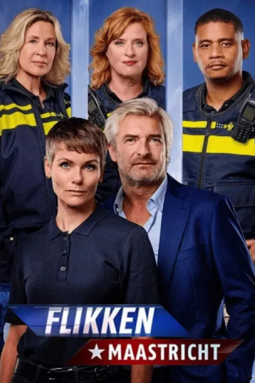 The poster features five characters in a dynamic composition, with a mix of professional uniforms and casual attire. The vibrant blue and yellow color scheme creates a lively and energetic atmosphere, while the bold text at the bottom emphasizes the show's title and location.