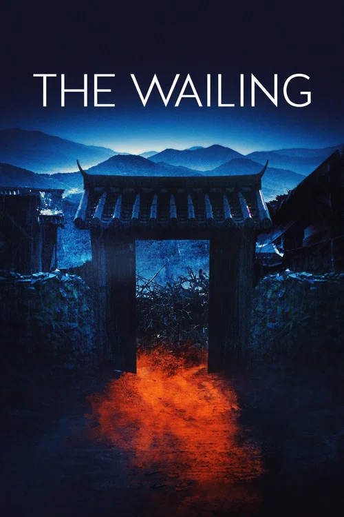The poster features a hauntingly beautiful forest scene with three characters in the foreground, their faces partially obscured by mist and shadows. The colors are muted and atmospheric, with deep blues, reds, and greens creating a somber mood. The title "THE WAILING" is prominently displayed in ...