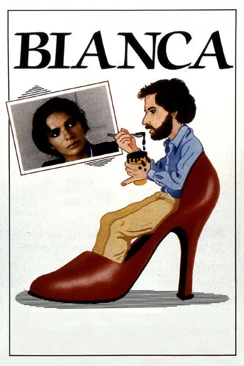 The poster features a glamorous woman in a red high-heeled shoe, holding a camera and a small dog. The title "Bianca" is prominently displayed in bold letters. The overall mood is confident and stylish.