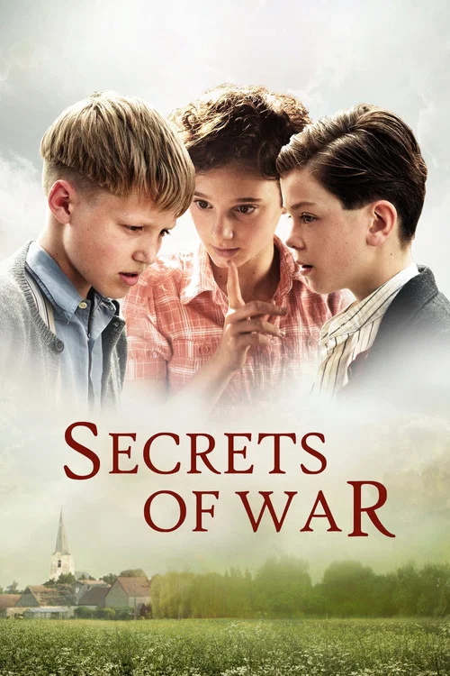 The poster features two young boys peeking through green foliage, evoking a sense of mystery and intrigue. The warm, golden hues of the sky contrast with the vibrant greens of the leaves, creating a visually striking composition. The title "Secrets of War" stands out prominently in bold, contrast...