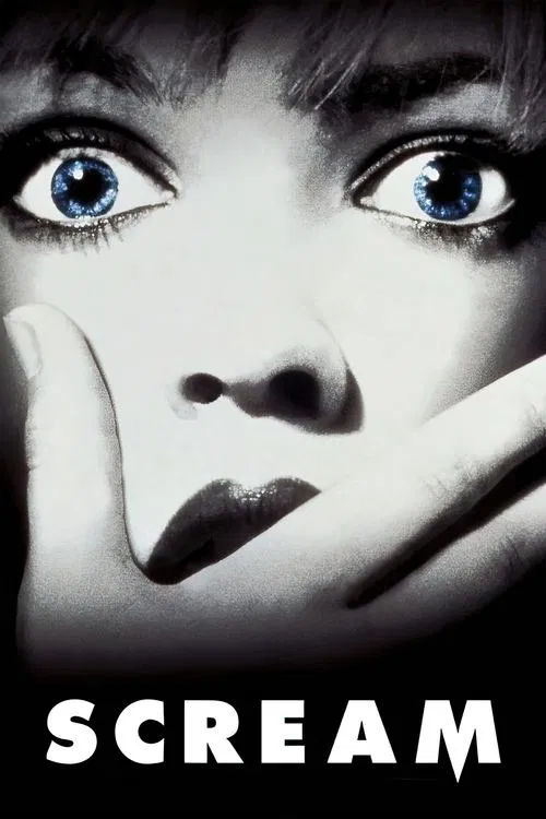 The poster features a close-up of a young woman with wide, intense blue eyes, her hand covering her mouth in a gesture of fear or shock. The stark black-and-white contrast emphasizes her expression, while the bold white text "SCREAM" at the bottom reinforces the horror theme. The mood is eerie an...