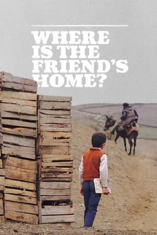 The poster features a young boy with a concerned expression, holding a card that reads "Where Is The Friend's House?" The warm, golden background evokes a nostalgic, slightly melancholic mood, while the boy's wide eyes convey uncertainty and longing.