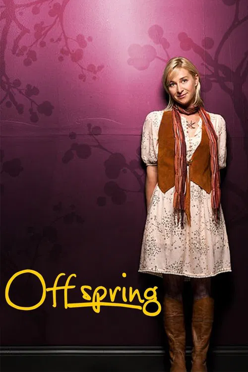 The poster features a woman in a white dress with a brown scarf, standing against a purple backdrop with floral patterns. The title "Offspring" is written in elegant yellow script at the bottom. The mood is elegant and romantic, suggesting a classic TV drama.