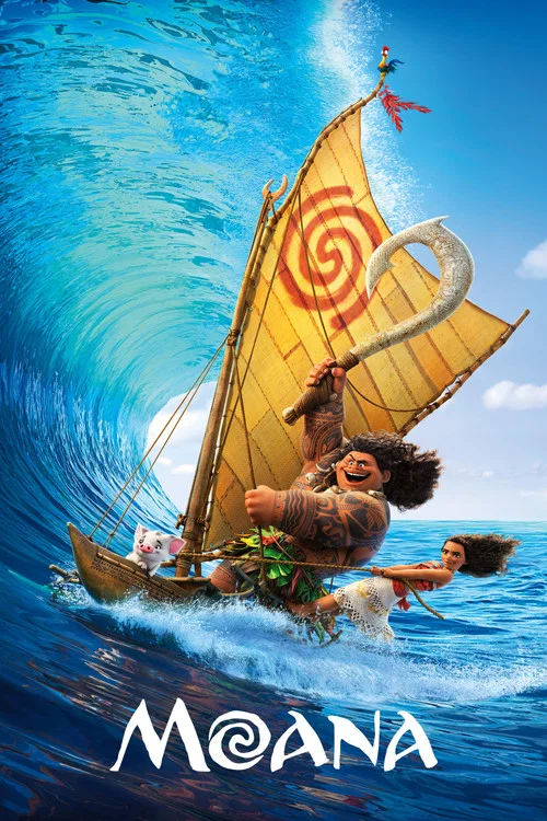 The poster features Moana, Maui, and his mother, with a vibrant turquoise ocean wave crashing behind them. The characters exude a sense of adventure and joy, set against a bright blue sky with distant mountains. The title "Moana" is prominently displayed at the bottom in bold white letters, captu...