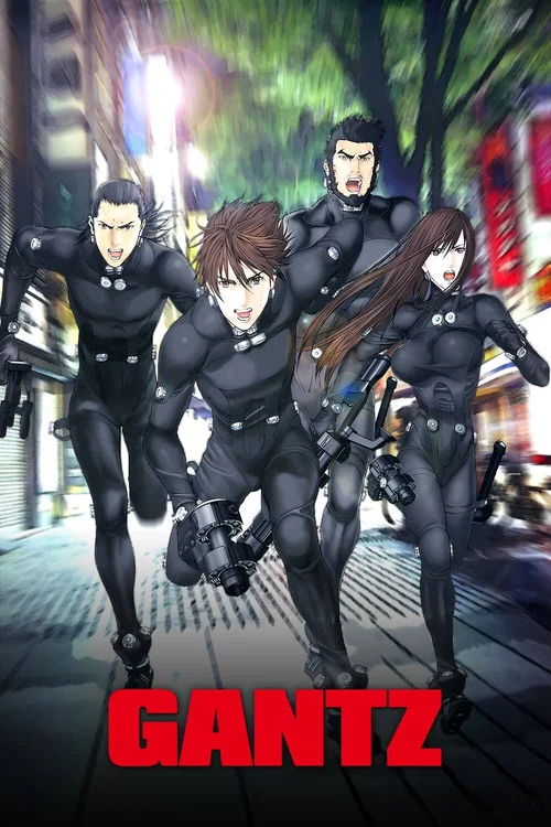 The poster features two anime-style characters in sleek black tactical outfits against a bold red background. The title "GANTZ" glows in white and gold, suggesting a high-stakes action drama. The characters exude confidence and readiness for combat, with dynamic poses that hint at an intense stor...