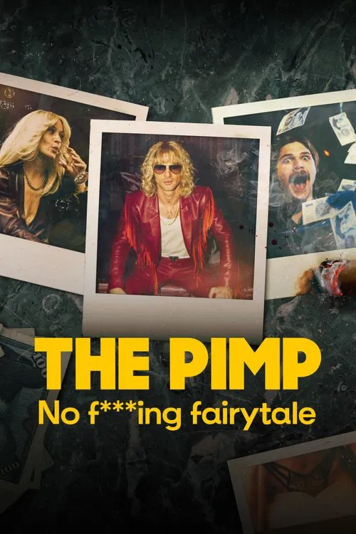 The poster features a dark, textured background with three Polaroid-style images of characters. The central image shows a man in a red jacket, while flanking him are two others—one with blonde hair and another with a mustache. The title "THE PIMP" is prominently displayed in bold yellow letters, ...