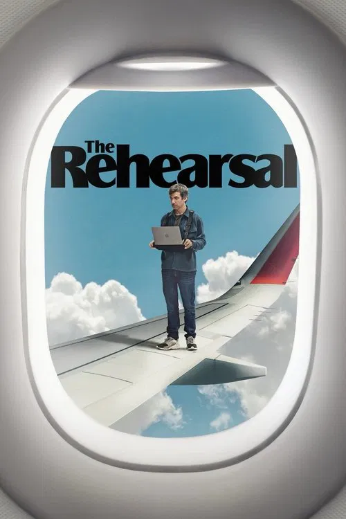 The Rehearsal poster features a man standing on a runway, holding a laptop, with a clear blue sky and fluffy clouds in the background. The airplane window frame suggests a cinematic perspective, evoking a sense of anticipation and preparation.