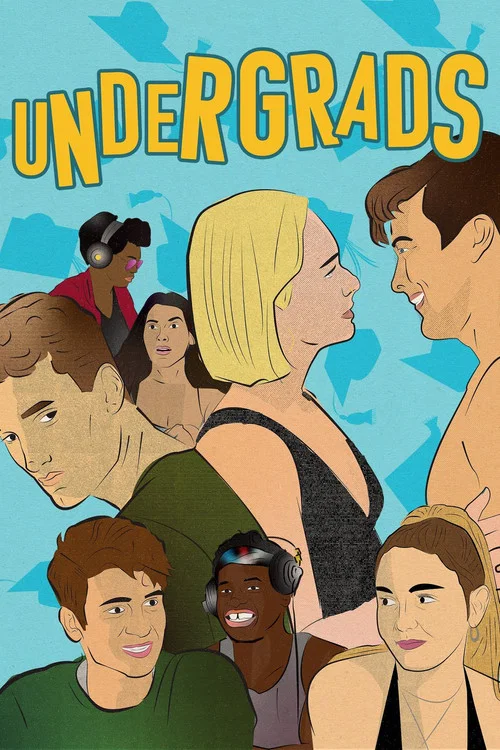 The poster features a vibrant collage of diverse characters in a dynamic composition, with bold yellow text against a cheerful blue sky. The mood is energetic and youthful, capturing the essence of college life.