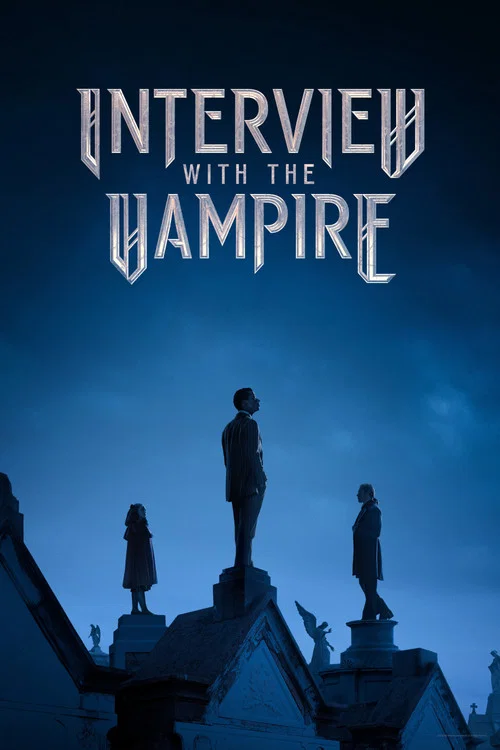 The poster features two characters peeking through dark red curtains, creating a mysterious and eerie atmosphere. The title "Interview with the Vampire" is prominently displayed in gothic lettering, emphasizing the supernatural theme.