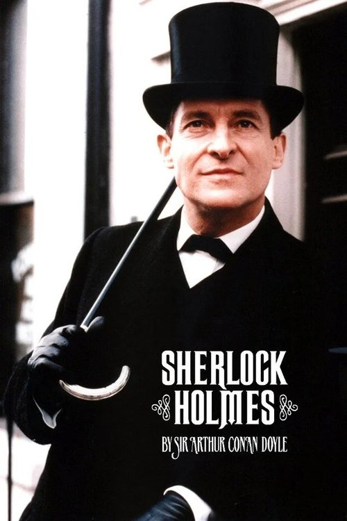 A man in a top hat and black suit holds a cane, exuding mystery and elegance. The poster features a classic black and white color scheme, with the title "Sherlock Holmes" prominently displayed. The mood is one of intrigue and timeless detective culture.