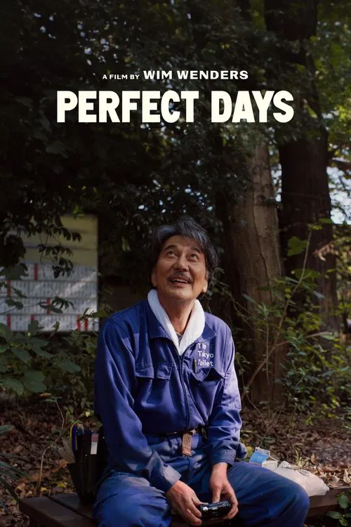 The poster features a man in a blue jumpsuit sitting on a wooden bench amidst lush greenery, exuding a relaxed and nostalgic mood. The bold white text "PERFECT DAYS" anchors the image, suggesting a blend of personal reflection and cinematic charm.