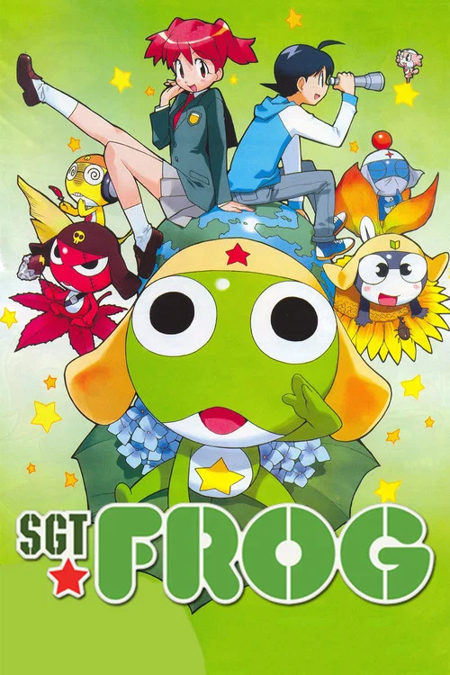 This vibrant TV poster features a dynamic scene with Sgt. Frog, a green frog-like character, at the center, surrounded by other characters in action poses. The background is filled with colorful characters and magical elements, creating an energetic and adventurous atmosphere. The bright green an...