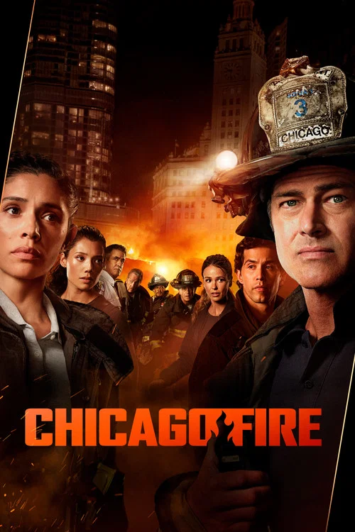 The poster features a firefighter in the foreground with a determined expression, surrounded by other crew members in the background. The warm orange and red tones evoke urgency and danger, while the bold title "Chicago Fire" sets the tone for a dramatic and intense storyline.