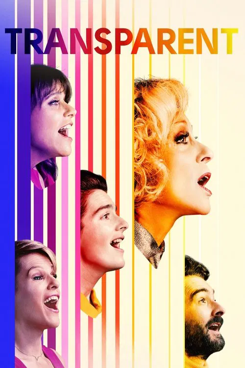 The poster features five diverse characters in profile against a vibrant background of vertical stripes in rainbow hues—pink, purple, blue, yellow, and orange. The mood is energetic and playful, suggesting a comedic or satirical tone. The title "TRANSPARENT" is prominently displayed at the top in...
