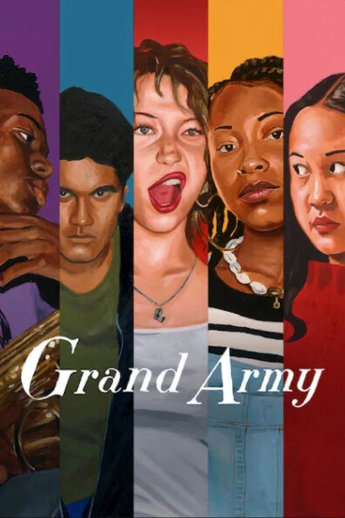 This vibrant poster features six diverse African American characters in bold vertical stripes against a colorful background, exuding a dynamic and energetic mood. The title "Grand Army" is elegantly displayed in white script, emphasizing the show's theme of unity and strength.
