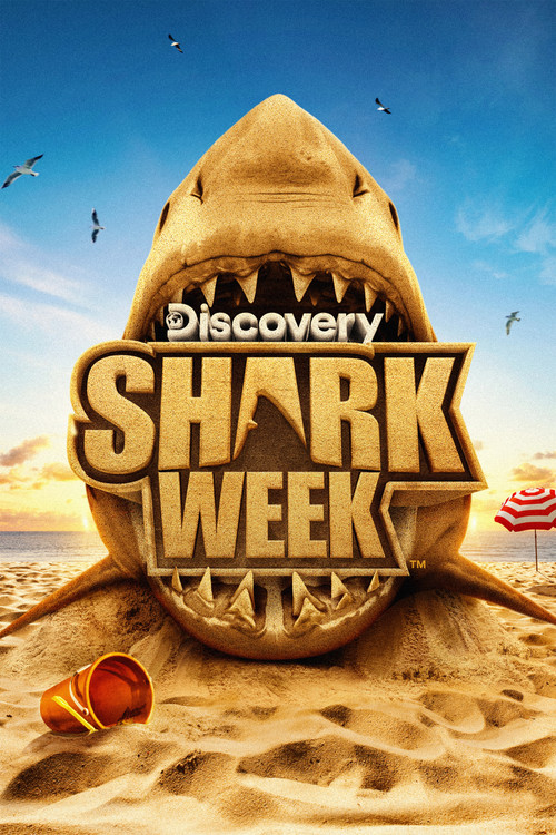 The poster features a menacing shark with sharp teeth and glowing eyes, set against a vibrant underwater backdrop. The bold yellow text "SHARK WEEK" dominates the lower portion, evoking a thrilling and suspenseful mood.