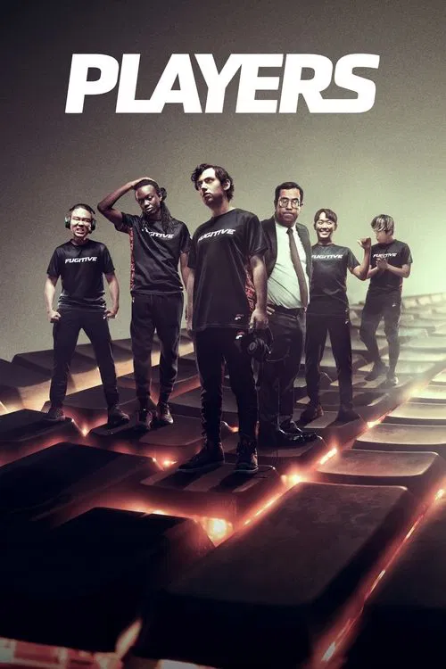 The poster features six characters standing on a glowing, futuristic platform with a dramatic, cinematic mood. The dark, moody lighting contrasts with the bright, neon-like glow of the platform, emphasizing the sci-fi theme. The bold, white title "PLAYERS" dominates the top, anchoring the image.