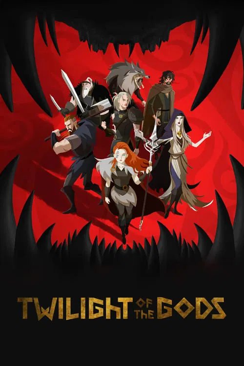 The poster features a dramatic scene with six characters in a dark, ominous setting. The background is filled with a menacing red and black design, creating a sense of danger and power. The characters are depicted in dynamic poses, suggesting action and conflict. The title "Twilight of the Gods" ...