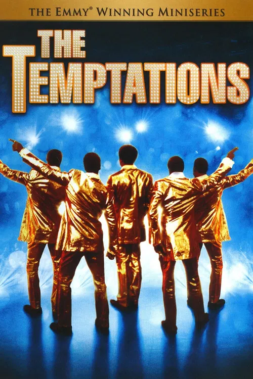 The poster features four silhouetted figures in shimmering gold outfits against a vibrant blue background, evoking a glamorous and nostalgic atmosphere. The title "The Temptations" is prominently displayed in bold, golden letters, suggesting a classic, timeless appeal.