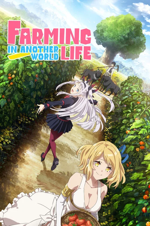The poster features a vibrant anime-style illustration of two characters in a lush garden. A girl with flowing white hair and a maid-like outfit stands gracefully, while another character with blonde hair sits nearby holding a basket of red berries. The scene exudes a whimsical, dreamy atmosphere...
