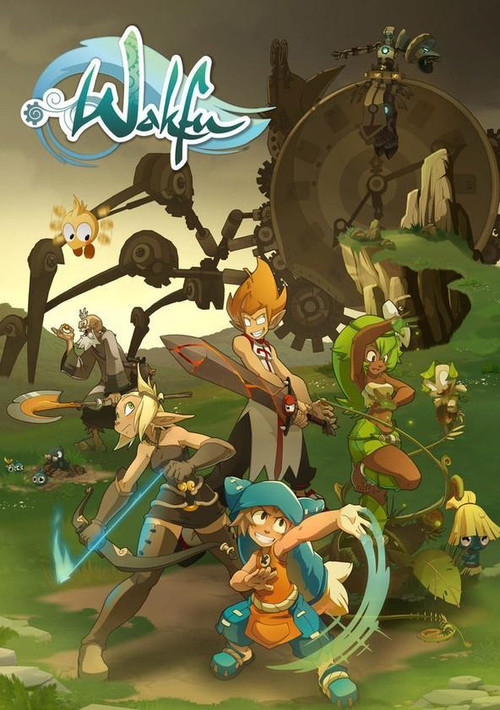 The poster features a dynamic scene with characters in action poses, surrounded by fantastical elements like mechanical structures and glowing orbs. Vibrant colors like greens, oranges, and purples create an energetic atmosphere, while the whimsical logo adds a playful touch.