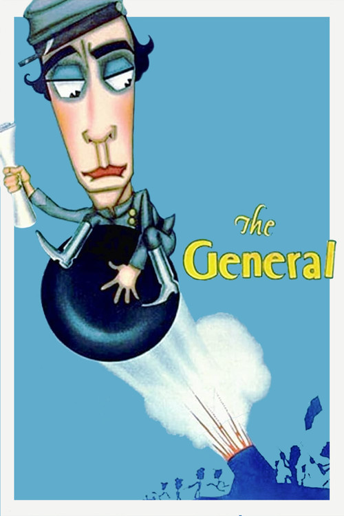 The poster features a caricatured General with a mischievous expression, holding a large revolver. The background is a vibrant blue sky with a small volcano erupting, emitting white smoke and orange flames. The bold red and yellow text "Buster Keaton" and "The General" dominate the composition, e...
