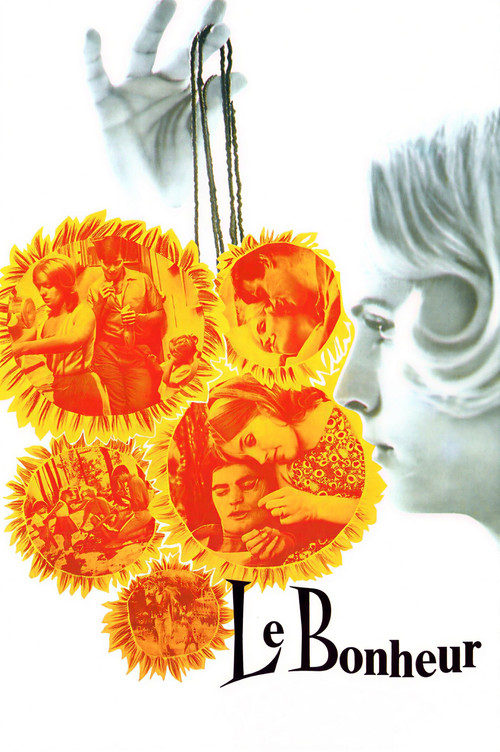 The poster features a warm, golden sunset backdrop with silhouetted figures of a family walking hand in hand. Vibrant yellow sunflowers dominate the foreground, symbolizing joy and life's beauty. The text "LE BONHEUR" and "a film by Agnès Varda" hints at a heartfelt, emotional story about finding...