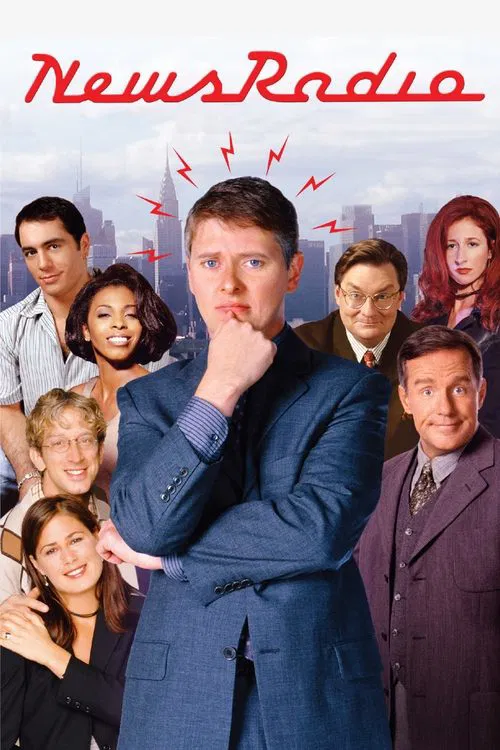 The poster features a group of diverse characters in professional attire against a city skyline backdrop. The central figure, wearing a blue suit, stands with a thoughtful expression and hand near his chin, surrounded by red lightning bolts. The vibrant colors and dynamic composition convey a sen...