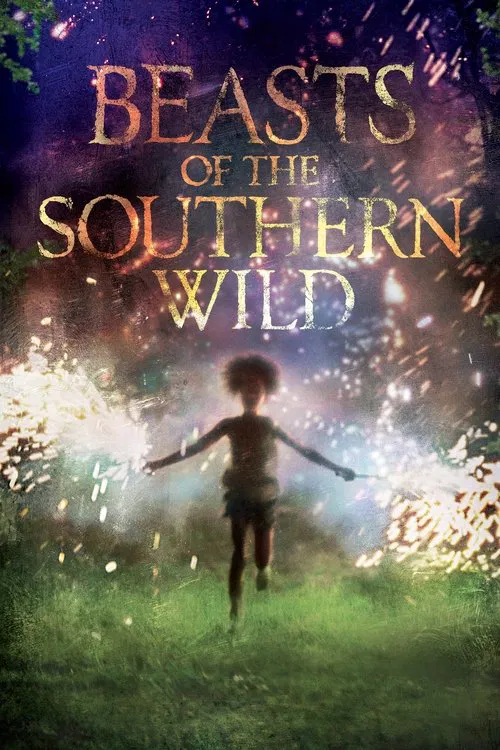 The poster features a silhouette of a young boy with arms outstretched against a dreamy, starry night sky. The title "Beasts of the Southern Wild" is prominently displayed in golden letters, evoking a sense of adventure and mystery. The overall mood is enchanting and mysterious, capturing the ess...