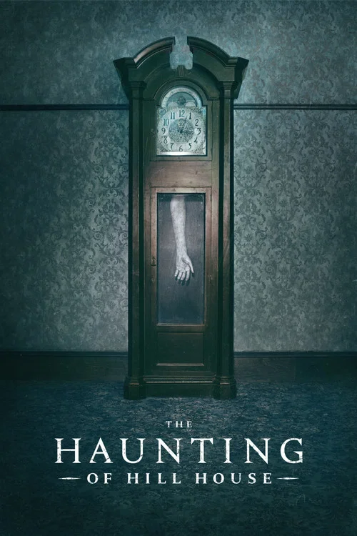 The poster features a hauntingly beautiful image of a woman's face superimposed over the silhouette of Hill House, evoking a sense of mystery and dread. The dark, moody colors and eerie atmosphere create a suspenseful mood, hinting at supernatural horror.