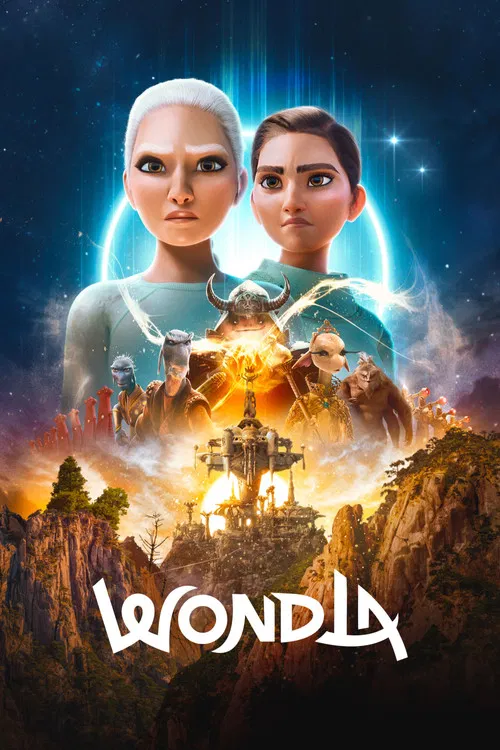 The poster features two young women with futuristic, ethereal faces against a starry backdrop. Below them, a mysterious, glowing structure emerges from a rocky landscape, surrounded by dramatic lighting and swirling clouds. The title "WONDLA" is prominently displayed in bold, white lettering. The...