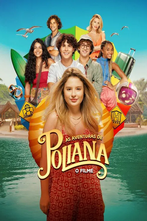The vibrant poster features a central blonde girl in a red dress, surrounded by colorful characters in a lively beach setting. Bright blues, oranges, and greens dominate the scene, creating a cheerful and energetic atmosphere. The title "As Aventuras de Poliana: O Filme" is prominently displayed,...
