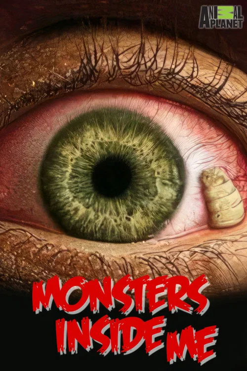 The poster features a grotesque, fleshy monster with exposed teeth and dark, textured skin, set against a vibrant teal background. Bold yellow text announces "MONSTERS INSIDE ME," while the "ANIMAL PLANET" logo appears in the bottom right corner. The eerie, unsettling mood is conveyed through the...
