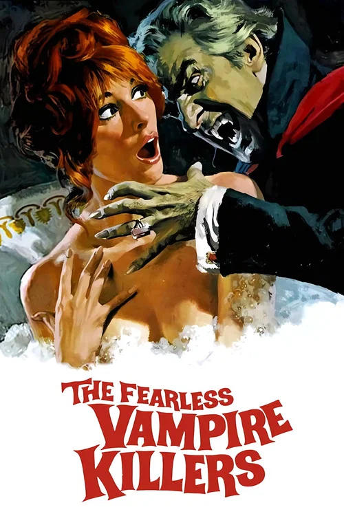 The poster features a dramatic scene with a woman in red hair holding a man in black, surrounded by smaller figures in various poses. The colors are vivid, with reds and blacks dominating the composition, creating a sense of urgency and danger. The title "The Fearless Vampire Killers" is prominen...