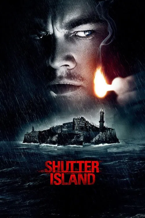 The poster features a close-up of a man's face with intense, piercing eyes, set against a dark, stormy backdrop. Below him, a small island with a lighthouse stands defiant against the chaos. The scene is dominated by ominous red and black tones, evoking a sense of dread and suspense.
