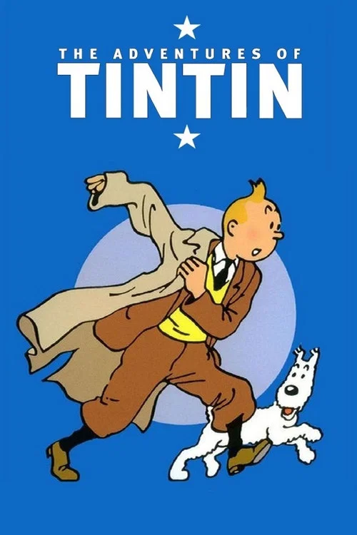 This poster features Tintin in a dynamic pose against a vibrant yellow background, with his friends and companions visible around him. The bold white text and playful illustration convey the adventurous spirit of the classic comic series.